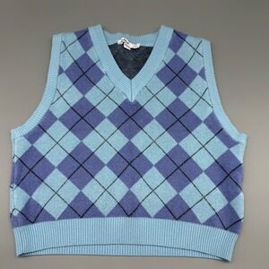Y2K Argyle Sweater Vest Women Blue Purple Preppy Knit V Neck Subdued OS Vtg Vibe